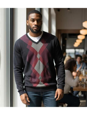 Mens Classic Claiborne Argyle Sweater, Sz L, Grey, Multicolour, Like New